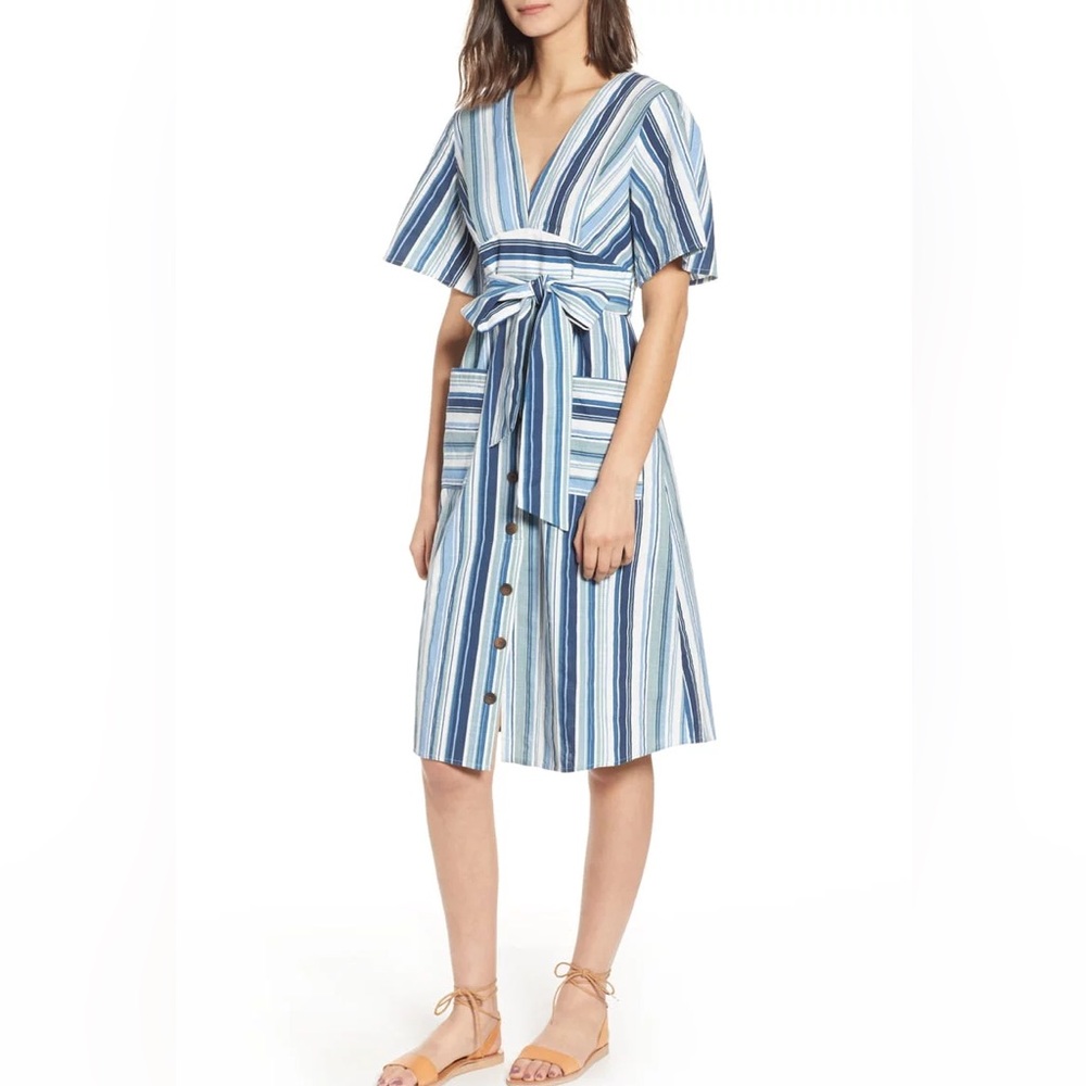 Moon River Blue & White Striped Midi Dress with Waist Tie
